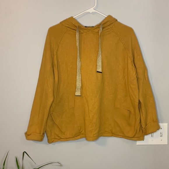 Boxy Sweater Hoodie sparkle drawstrings mustard yellow size L - Picture 2 of 7